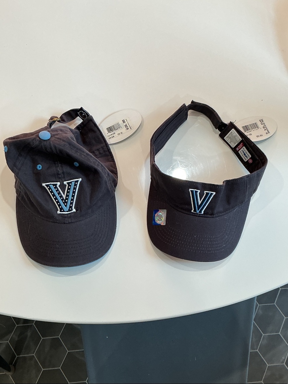 Top of the World Navy Baseball Cap & Visor with Light Blue 'V' Logo. Lot of 2